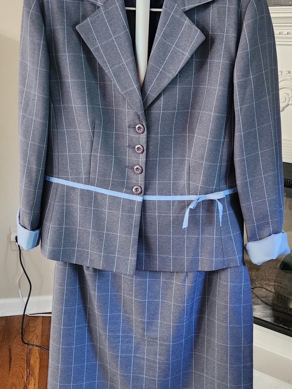 Clio Gray Vintage Windowpane Blazer and Skirt Set
